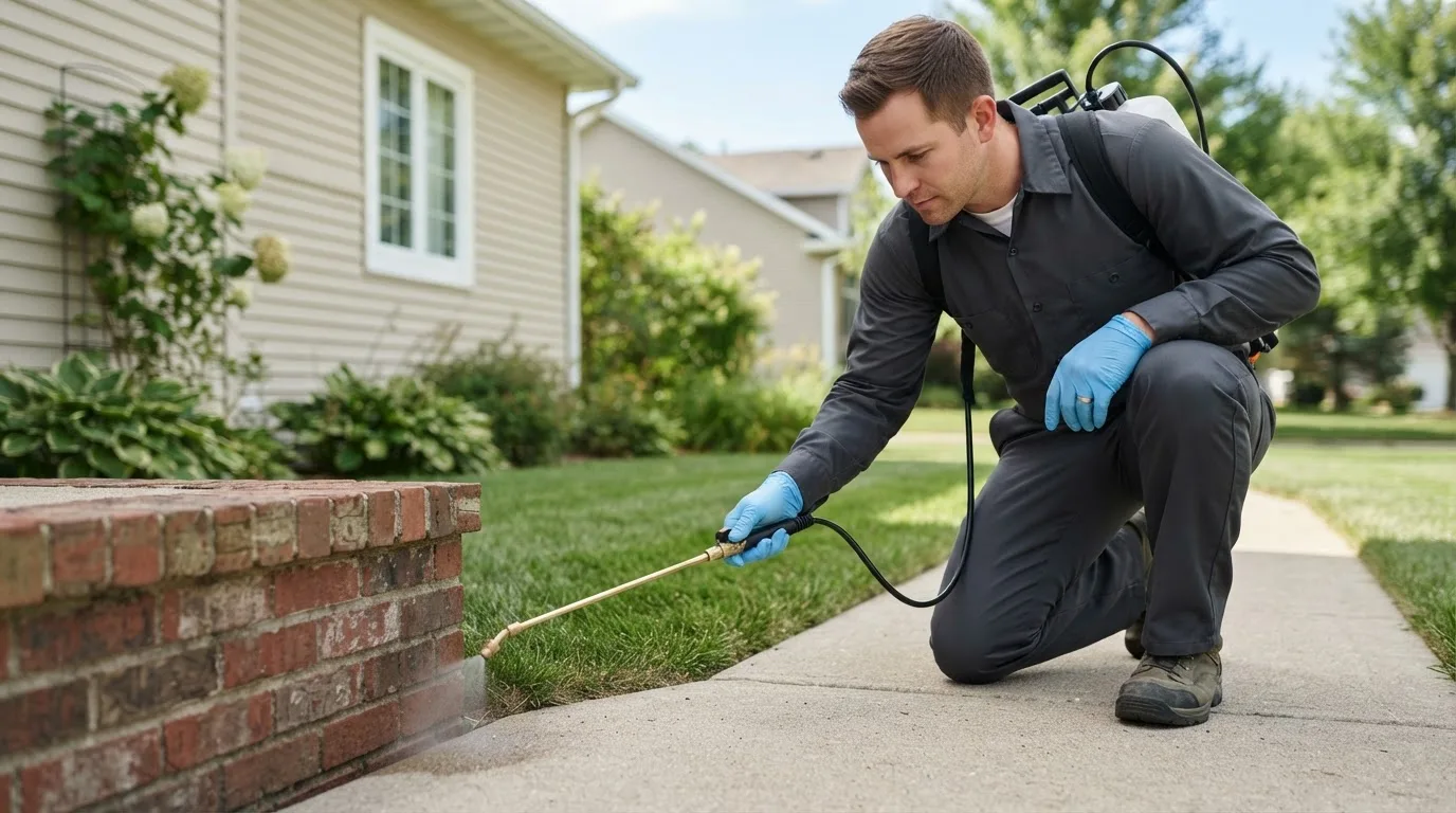 Pest control technician treating a home near Bellbrook, OH